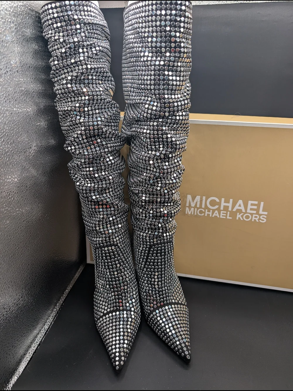 Michael Kors Silver Crystal-Studded Over-the-Knee Stiletto Boots
